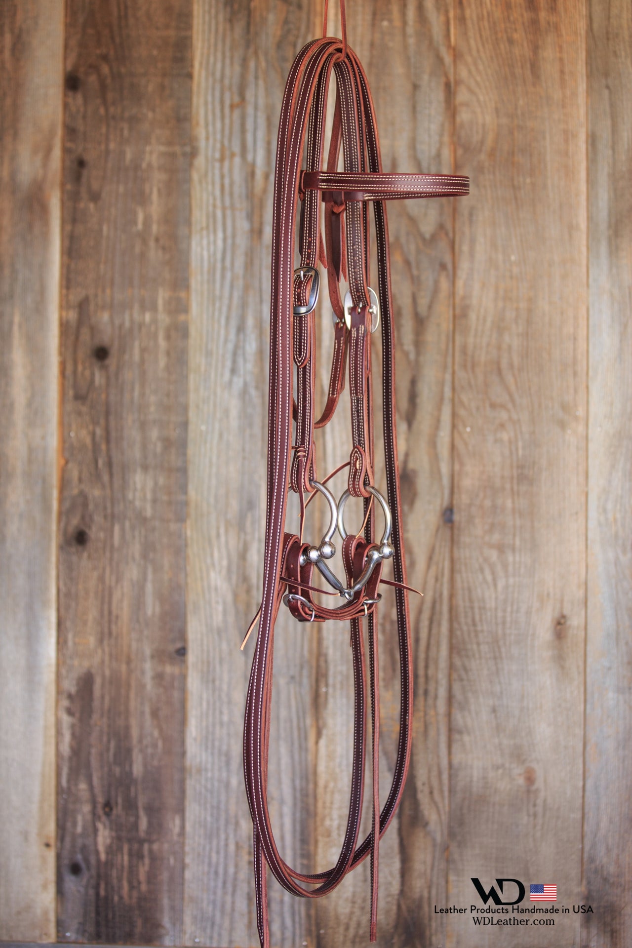 Bridle Set: Latigo Browband Headstall 3/4", Latigo Double & Stitched Reins, Latigo Curb, D Ring Smooth Snaffle Bit