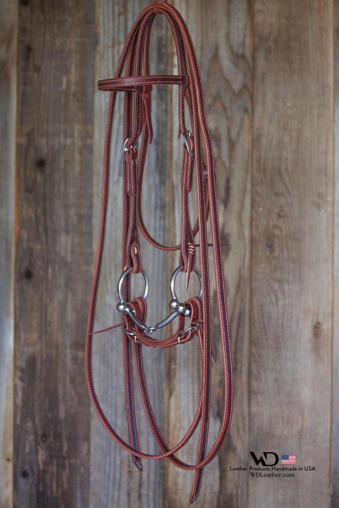 Bridle Set: Latigo Browband Headstall 5/8", Latigo Double & Stitched Reins, Latigo Curb, D-Ring Smooth Snaffle Bit