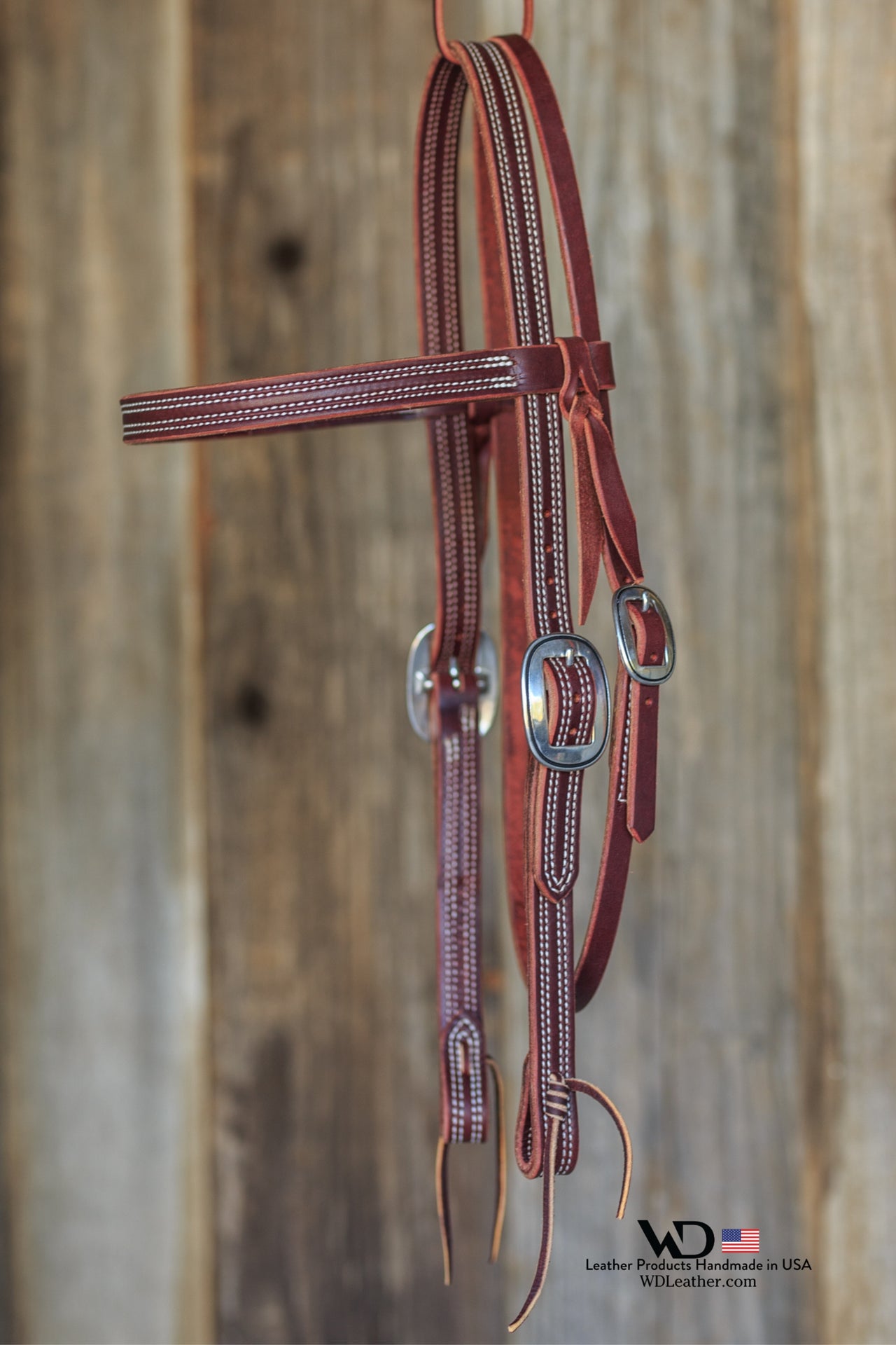 Handcrafted Double Stitched Latigo Leather Browband Headstall 3/4" with Two Buckles - Made in USA