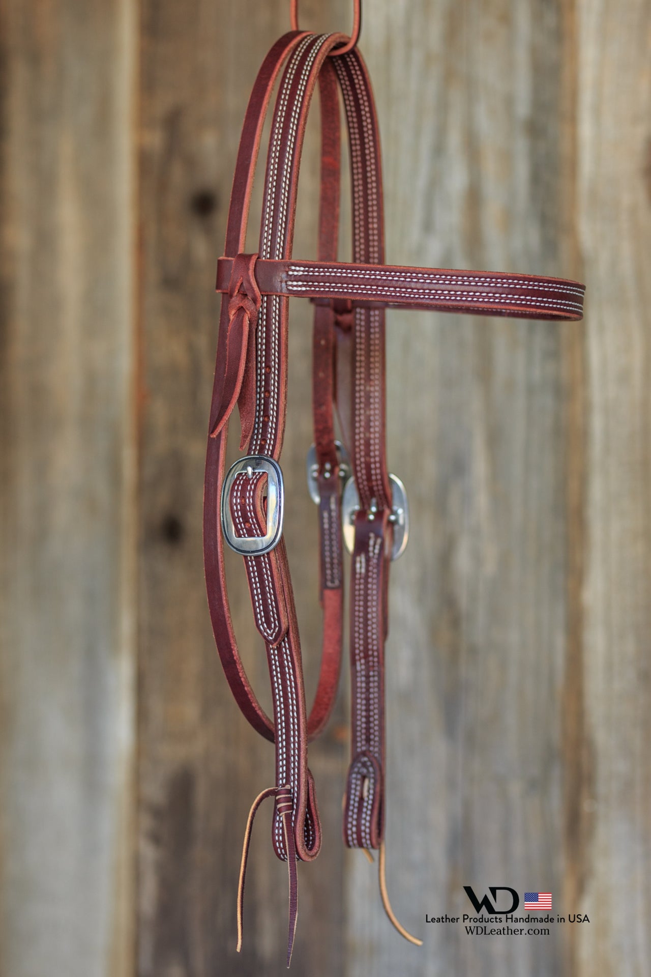 Handcrafted Double Stitched Latigo Leather Browband Headstall 3/4" with Two Buckles - Made in USA