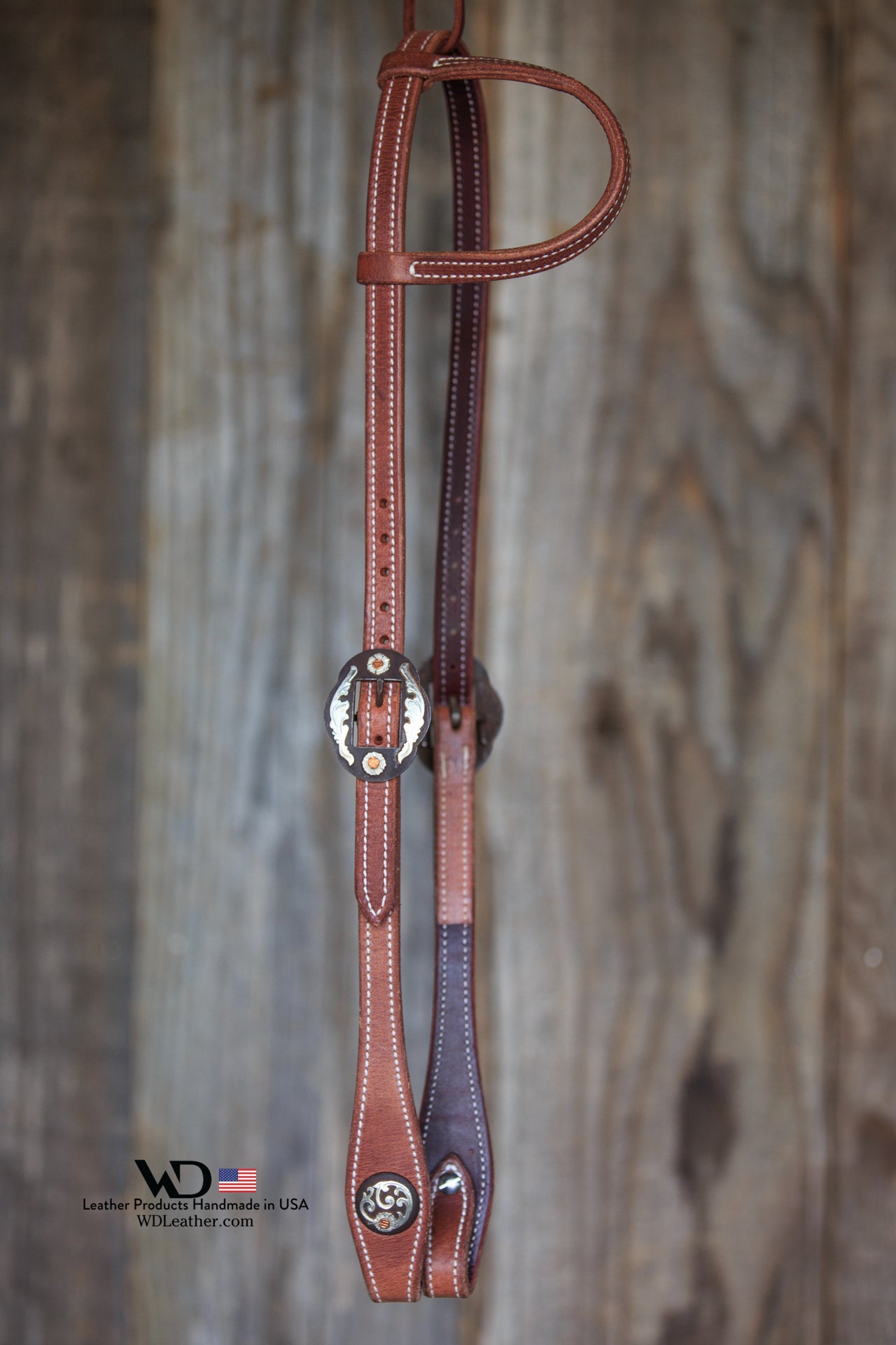 Premium One Ear Headstall with our custom Memphis Buckle & Concho Set - Harness Leather