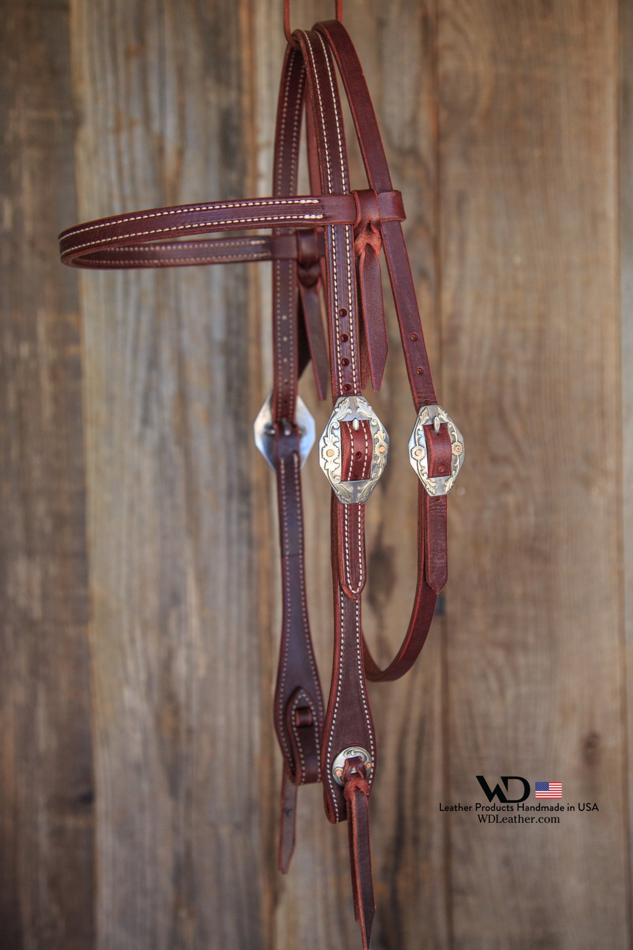 Latigo Browband Headstall with our custom Silverton Buckles & Slotted Conchos