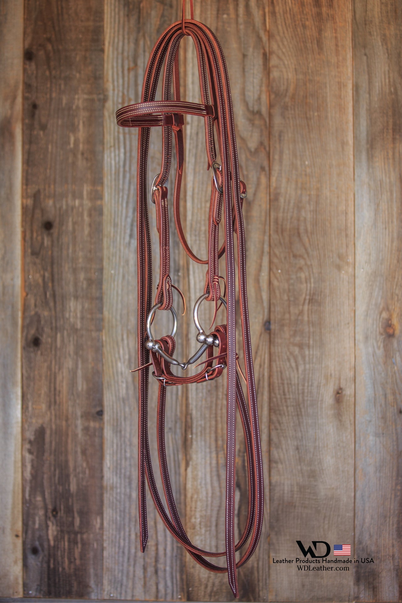 Bridle Set: Latigo Browband Headstall 3/4", Latigo Double & Stitched Reins, Latigo Curb, D Ring Smooth Snaffle Bit